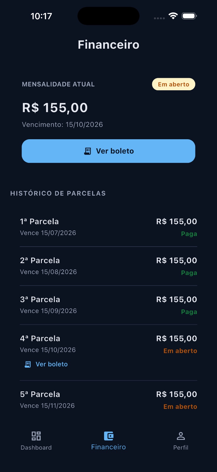 Agenda do professor em modo escuro