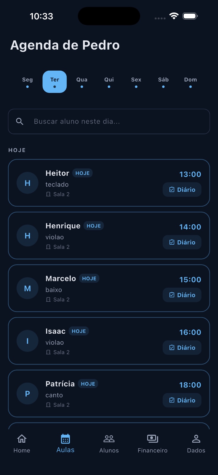 Agenda do professor em modo escuro