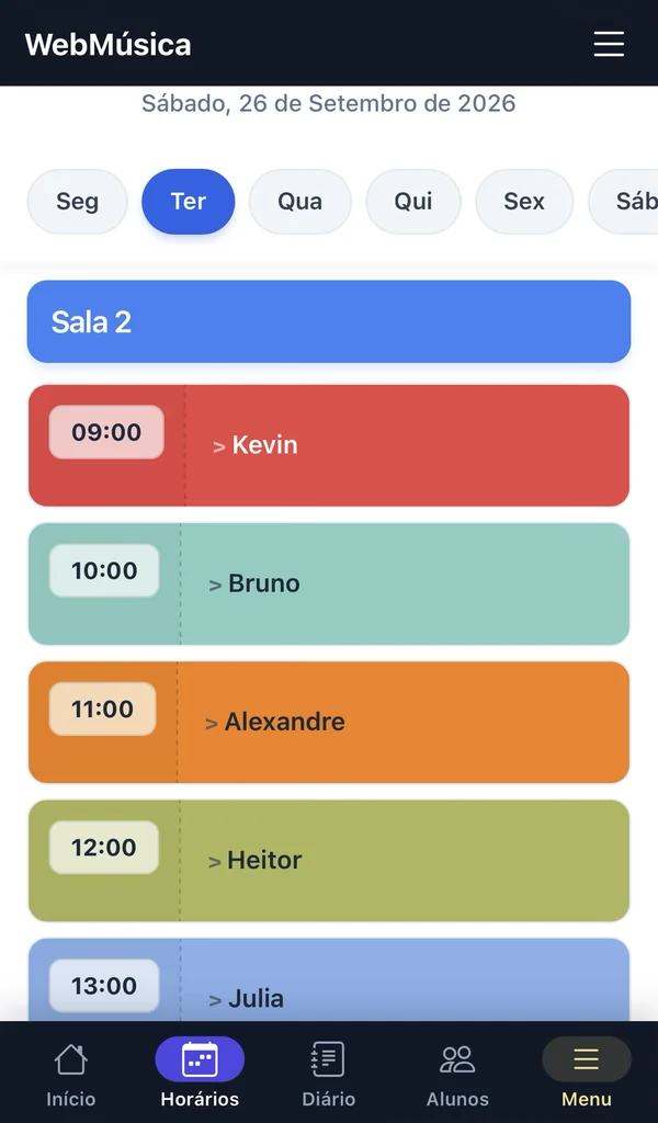 Sistema WebMúsica no celular, com a barra de atalhos Início, Horários, Diário, Alunos e Menu